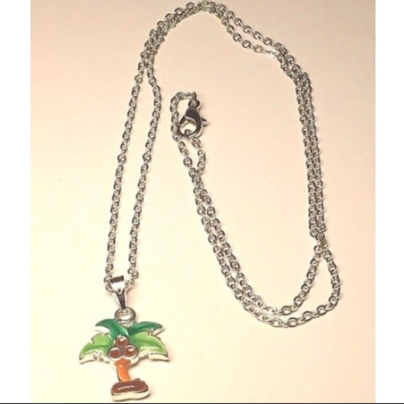 Palm Tree Necklace 19" Silver Plated Green Enamel Beach Island Coconut Tropical - Picture 6 of 9